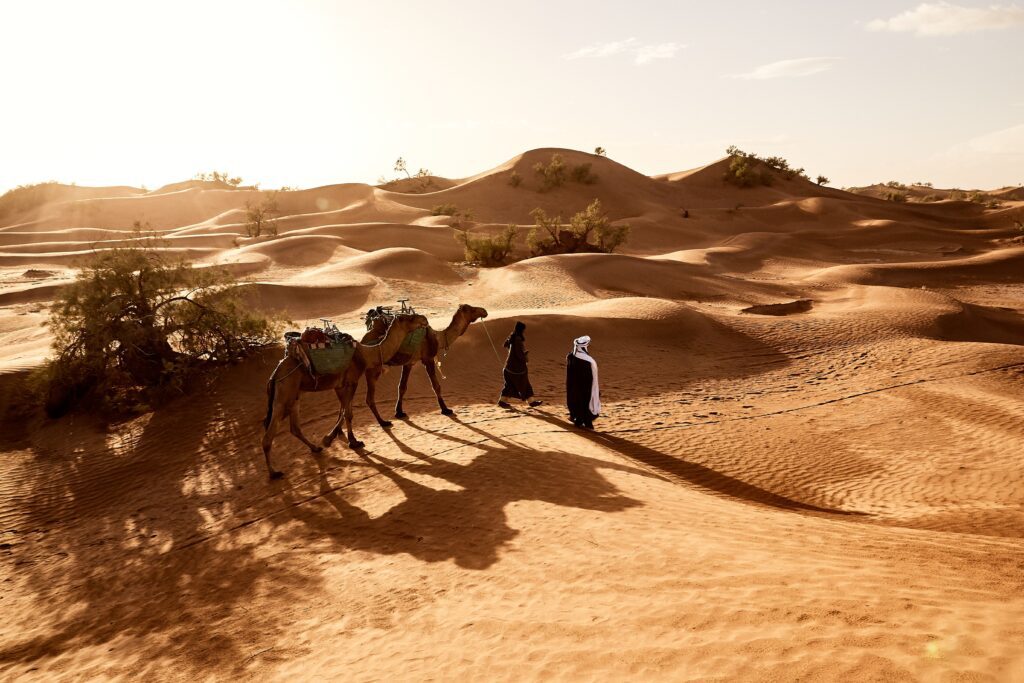 Beautiful shot of people walking with their camels in the desert of Erg Lihoudi in Morocco Beautiful shot of people walking with their camels in the desert of Erg Lihoudi in Morocco